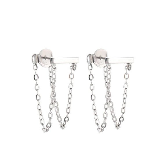 Sterling Silver Double Tassel Drop Strand Minimalist Earrings - Picture 5 of 7